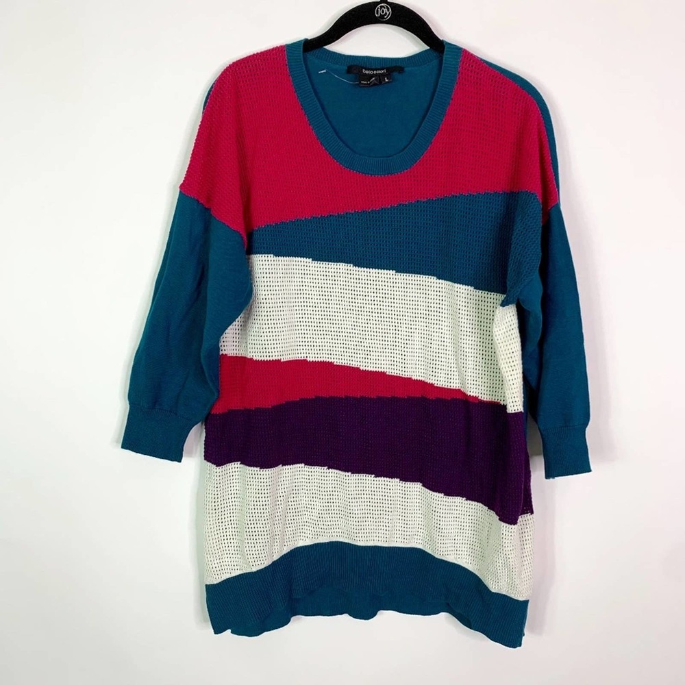 Bella Colori Sweater Top Women's Size Large Blue Pink White Striped Open Knit